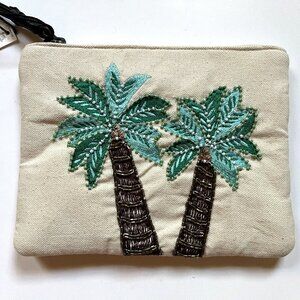 NWT Kate Landry Coconut Tree Beaded Beige Canvas Wallet Clutch Wristlet
